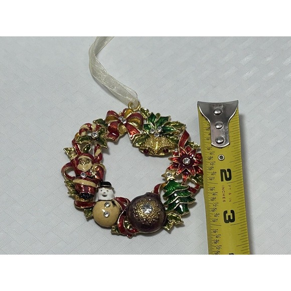 Gold Tone Metal Wreath Ornament Red Green Santa Snowman Bells Holly Ribbon - Picture 9 of 10